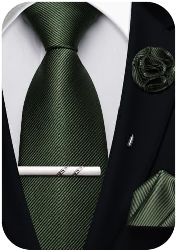 Solid Color Tie and Pocket Square with Tie Clip Lapel Pin Silk Formal Necktie Set Wedding Formal - color: Olive Green