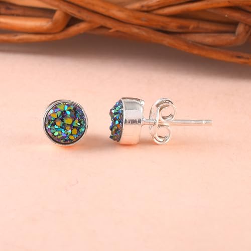 5 MM Natural Gemstone 925 Sterling Silver Hypoallergenic Studs Earrings Jewelry for Women Dainty Trendy Antiqued Silver Birthstone Earrings Jewelry Gifts for Women and Her - color: Green Druzy