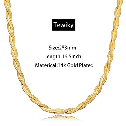 Tewiky Layered Necklaces for Women 14k Gold Plated Chain Necklace Set | Chunky Herringbone/Snake/Rope/Box/Cuban Link Chain for Women, Layering Stack Choker Necklace, Dainty Jewelry Set Non Tarnish - color: Twisted Herringbone 2x3mm 16.5inch Gold
