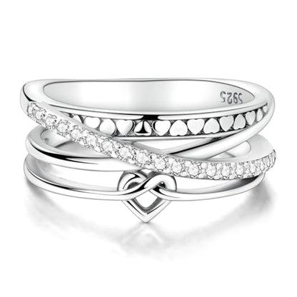 MULA S925 Sterling Silver Ring Multi-layered Interlaced Heart-shaped Band | Eternity Ring for Women with CZ Cubic Zirconia Wide Finger Rings Costume Jewelry