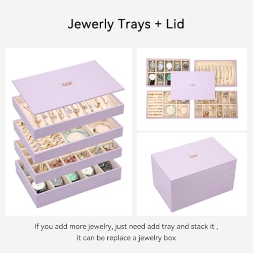 Voova Stackable Jewelry Organizer Tray with Lid (Set of 4, Lavender) | Stackable PU leather jewelry trays with drawer inserts for earrings, rings, necklaces, bracelets and watches; set of 4 - color: Lavender