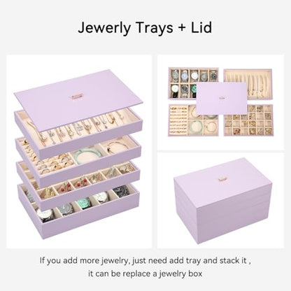 Voova Stackable Jewelry Organizer Tray with Lid (Set of 4, Lavender) | Stackable PU leather jewelry trays with drawer inserts for earrings, rings, necklaces, bracelets and watches; set of 4 - color: Lavender