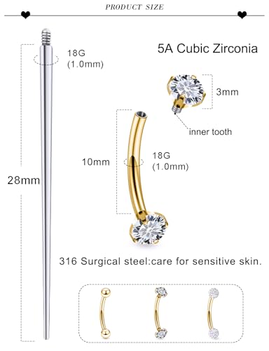 18G 16G 14G Eyebrow Ring Piercing Jewelry Surgical Steel Internal Thread Vertical Labret Lip Ring Rook Daith Earrings Belly Button Ring Piercing Jewelry for Women Men CZ Silver Black Gold - color: Gold, size: 18G, 10mm Length