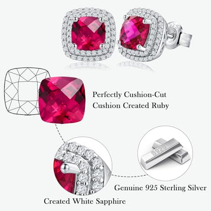 Dainty Birthstone Earrings for Women Sterling Silver Small Stud Earrings with Halo Cushion/Round Created Gemstone Earrings Birthstone Jewelry - style: A 07. July/created ruby-cushion cut