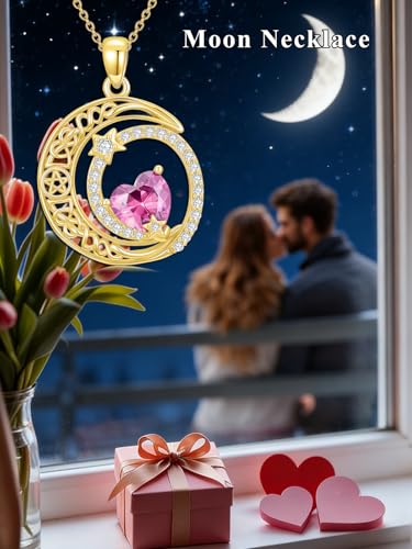 Midari 18K Yellow Gold Sun Moon Star Pendant Rose Flower Necklaces I Love You Forever Sun Moon Jewelry Gift for Mother Women - color: 10-Oct-Pink, style: Moon&Star