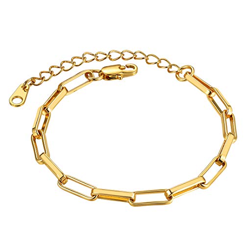 ChainsHouse Stainless Steel Herringbone Flat Chain Bracelets for Women,18K Gold/Rose Gold/Black Metal Paperclip/Snake/Cuban/Figaro Sterling Silver Link Charm Bracelet, 16+5cm Adjustable, With Gift Box - color: a. paperclip-gold(hot!!!)