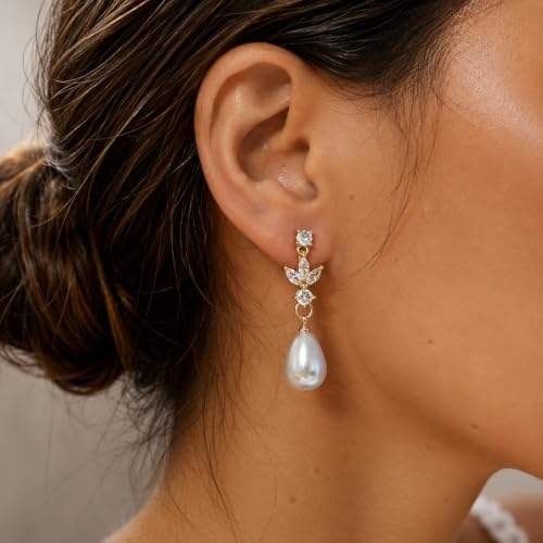 Pearl Dangle Clip On Earrings for Women - 14K Gold Silver Plated Cubic Zirconia Pearl Drop Earrings Trendy Long Non Pierced Bridal Earrings Fashion Jewelry Gifts - color: Gold