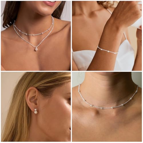 DIBOLA Gold Jewelry Set for Women, Dainty Layered 14K Gold/Silver Pearl Choker Necklaces and Earring Set Pearl Earrings Bracelets Wedding Bride Jewelry - color: cz pearl earrings jewelry set-silver