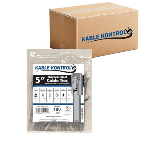 Kable Kontrol Stainless Steel Metal Zip Ties 5 Inch 5000 Pcs HD 200Lbs Test | Heavy Duty Steel Bulk Cable Ties, Self-locking, Multi-Purpose, Outdoor and Indoor Use, High Temperature, Corrosion Resistant - size: 5" - 200 Lbs - 5000 Pcs