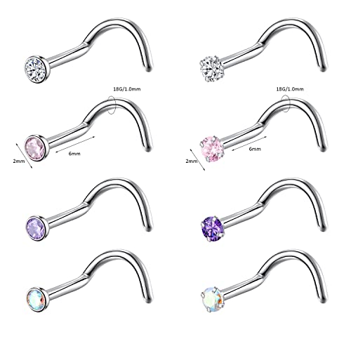 8PCS G23 Titanium Twist Screw Nose Studs 18G 20G Nose Rings 2mm 2.5mm 3mm Clear Pink Purple Aurora CZ Gold Nose Piercing Studs Nostril for Women Men - style: 18g silver mix-color cz 2mm