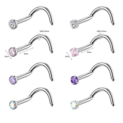 8PCS G23 Titanium Twist Screw Nose Studs 18G 20G Nose Rings 2mm 2.5mm 3mm Clear Pink Purple Aurora CZ Gold Nose Piercing Studs Nostril for Women Men - style: 18g silver mix-color cz 2mm