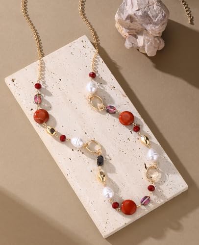 Long Gold Necklaces for Women Trendy Beaded Chain Necklace Chunky Costume Jewelry Gifts for Her - color: Red Agate