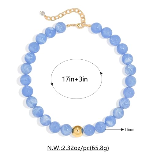 Chunky Beaded Necklace for Women Boho Statement Bead Necklace | Adjustable, Lightweight Choker, Round/Oval/Pebble Beads, Trendy Summer Beach Jewelry - color: Light Blue-C
