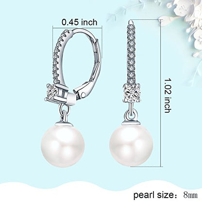JO WISDOM 925 Sterling Silver Freshwater Pearl Hoop Earrings with Dangle Real Pearl,Simulated Pearls - color: B-8mm white pearl,round shape