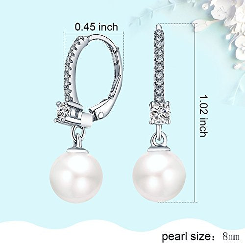 JO WISDOM 925 Sterling Silver Freshwater Pearl Hoop Earrings with Dangle Real Pearl,Simulated Pearls - color: B-8mm white pearl,round shape