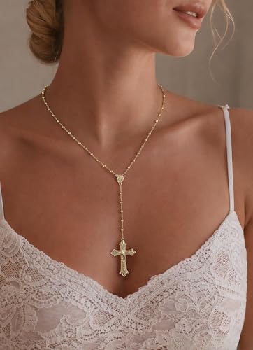 CHESKY Lariat Necklace for Women，14k Gold/Sliver Plated Layered Necklace | Gold/Sliver Long Necklace，Dainty Cross Pendant, Wedding Y-Shaped Drop Chain, Waterproof Jewelry Gift for Women Everyday Wear - style: Crossbead