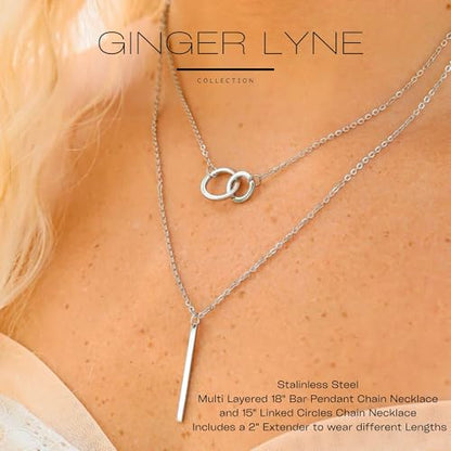 Layered Chain Necklace for Women by Ginger Lyne | Stainless Steel Adjustable Length up to 20" Curb Chains with Linked Circles and Bar Pendants| Minimalist Jewelry for Her
