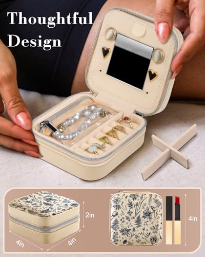 Bistup Travel Jewelry Case - Small Jewelry Organizers and Storage Box for Women Girls Teens Cute Traveling Jewelry Holder with Mirror Little Tiny Compact Modern Unique Aesthetic Pretty, Blue Floral - style: Blue Floral