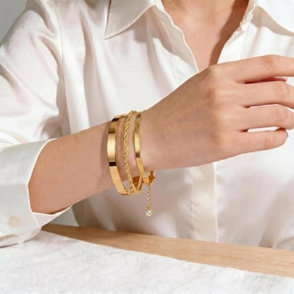 Waterproof Gold Bangle Bracelet sets for Women, 18K Gold PVD Plated Stainless Steel Stackable Bracelets Non Tarnish Oval Design, Minimalist Trendy Premium Jewelry - color: Gold 3pcs