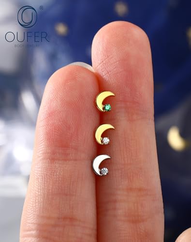 OUFER 18G Moon Cartilage Piercling Jewelry-G23 Titanium Flat Back Push Pin Gold Helix Earrings, Shiny Emerald CZ Tragus Lobe Rook Helix Piercing Jewelry - style: Gold
