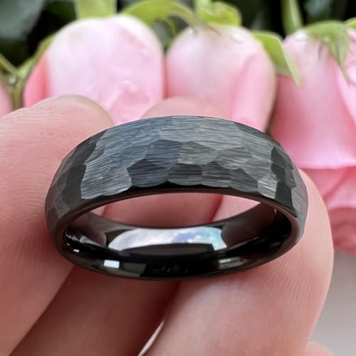TUTISS 6mm 8mm Silver/Black/Gold/Rose Gold Hammered Tungsten Rings for Men Women Couple Fashion Jewelry Engagement Wedding Bands Domed Matte Finish Comfort Fit - color: 6mm Black Tungsten