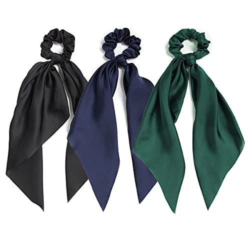3PCS Hair Scarf Scruncheis for Women Knotted Bow Hair Ties Elastic Bands Satin Hair Ribbon Scrunchy Red Ponytail Holder for Women and Girls (Navy Black Green) - color: Navy Black Green