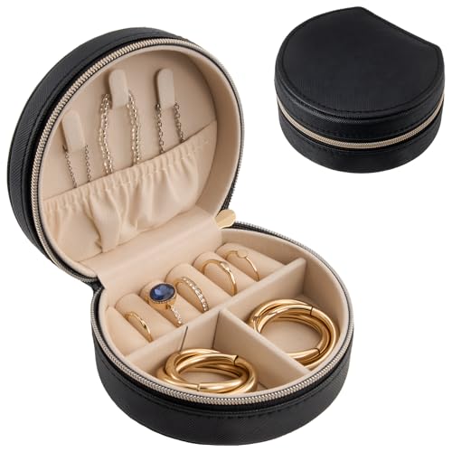 ProCase Travel Size Jewelry Box, Mini Portable Seashell-Shaped Jewelry Case, 2 Layer Organizer in PU Leather for Women -Black - color: Black, size: Small