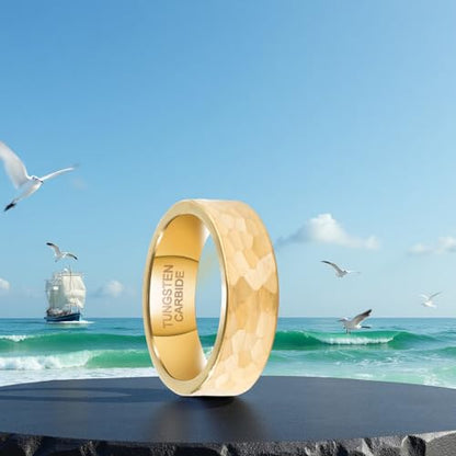 SX.man&sog Tungsten Carbide Rings for Men or Women,Stereoscopic Polygon Wedding Band for Men and Women Exchanging to Witness Each other's Loyal Love - color: Gold & Hammered - 6mm