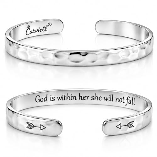 Bracelet - Gifts for Women – Inspirational, Friendships, Love, Mom, Daughters, Sisters, Christian, Graduations, Memorials & Wedding Gifts – 100+ Phrases – Stainless Steel, Gift Ready - color: CHRISTIAN GIFT - God is within her, she will not fall.