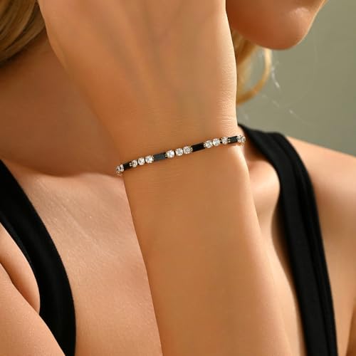 Tennis Bracelet for Women 18K Gold Plated White Red Green Black Blue Pink 3mm Cubic Zirconia Bracelet Dainty Diamond Adjustable Bracelet Trendy Jewelry Gift - color: Black Tennis-Gold