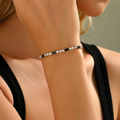 Tennis Bracelet for Women 18K Gold Plated White Red Green Black Blue Pink 3mm Cubic Zirconia Bracelet Dainty Diamond Adjustable Bracelet Trendy Jewelry Gift - color: Black Tennis-Gold