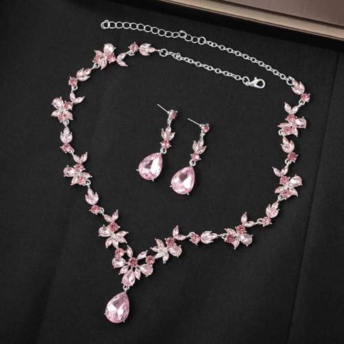 Kamirola Bridal Jewelry Set, Jewelry Set for Women, Necklace Dangle Earrings Bracelet Set, White Gold Plated (TR76) - color: Silver Pink