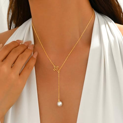 925 Sterling Silver Cross Pearl Lariat Necklace for Women | Y-Shaped Pearl Drop Necklace Adjustable Hollow Cross Pearl Necklace Faith Baptism Birthday Jewelry Gift for Mother Daughter - color: Gold