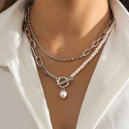 Gold Stack Necklace Chunky Necklaces for Women Trendy Coin Pendant Long Necklaces Western Jewelry for Women Cowgirl Cowboy Chic Country Outfit Boho Accessories Birthday Jewelry Gifts - color: B Silver Paperclip Pearl Chain Necklace
