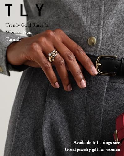 TLY Stackable Gold Rings for Women Interlocking Ring Stack Set non tarnish | 18K Gold Silver Plated Mixed Metal Statement Rings Waterproof Cubic Zirconia Fashion Connected Band Thumb Ring Size 4-11 - color: 06.Piera set