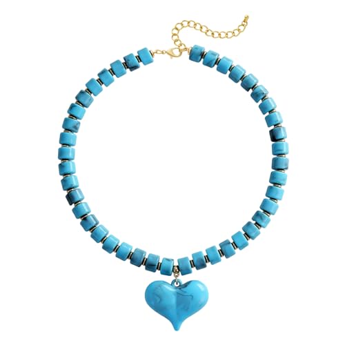 YUJIE Chunky Heart Pendant Necklace for Women- Exaggerated Statement Puff Heart Necklace with Acrylic Beaded Chain - color: blue