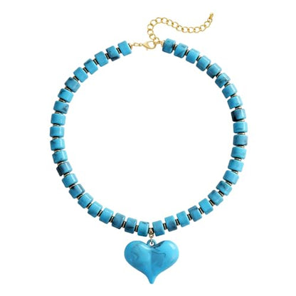 YUJIE Chunky Heart Pendant Necklace for Women- Exaggerated Statement Puff Heart Necklace with Acrylic Beaded Chain - color: blue
