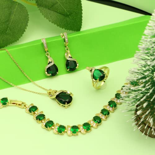 GZWHD Jewelry Set for Women Water Drop Cubic Zirconia Artificial Crystal Earrings Pendant Necklace Open Ring Tennis Bracelet Wedding Anniversary Birthday Engagement Gift for Bridesmaid Wife Girlfriend Friend - color: Gold-Green