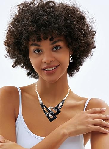 SFE Irregular Enamel Triangle Shape shell Collar Bib Bohemian Boho Statement Necklace Earrings Fashion Costume Jewelry Set for Women - color: Black-Platinum Plated