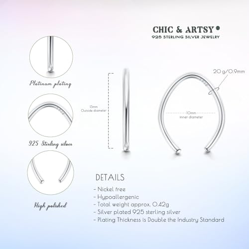 CHIC & ARTSY 925 Sterling Silver Open Hoop Earrings Small Hoop Earrings for Women Half Hoop Cartilage Piercing Adjustable Huggie Earrings - color: C:Silver 10mm