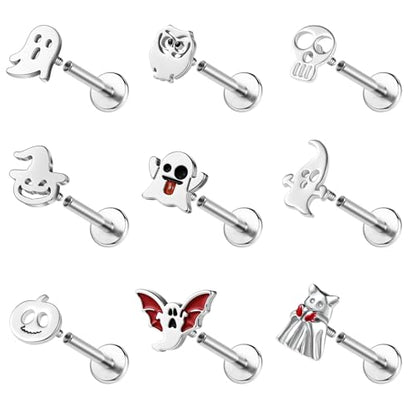 ZS 9Pcs 16G Halloween Labret Lip Rings Internally Threaded Piercing Jewelry | Bat Ghost Skull Monroe Medusa Piercing Jewelry Flat Back Conch Tragus Earrings for Women Men - color: SetA:Silver, size: L:8mm