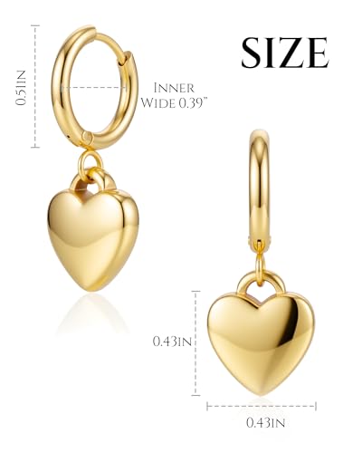 14k Gold Plated Heart Hoop Earrings for Women Heart Drop Huggie Earring Hoops with Charms for Love Gift