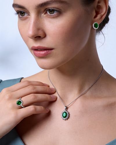 Silver Emerald Jewelry Set Green Cubic Zirconia May Birthstone Stud Earrings Necklace and Open Ring Set for Women Trendy