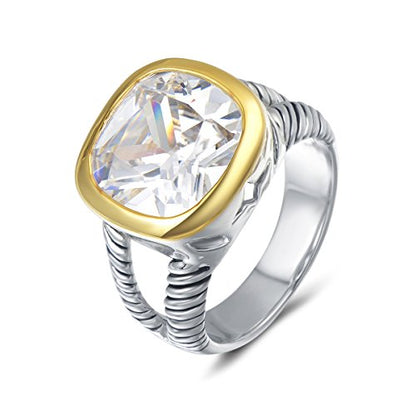 UNY JEWEL Twisted Cable Wire Two Tone Cusion Cut CZ Statement Ring Designer Inspired Fashion Love Antique Women Jewelry Gift - color: White