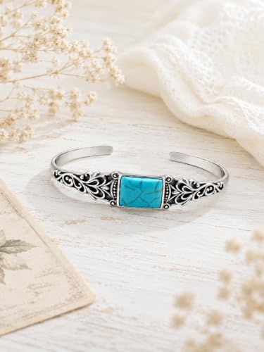Native American Genuine Turquoise Cuff Bracelet for Women, 925 Sterling Silver Turquoise Boho Bangle, Adjustable Open Cuff Fits 6-7.5 Inches - style: Rectangle Turquoise