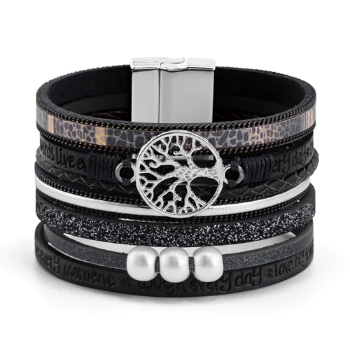 VIBILIA Boho Leather Wrap Bracelets for Women Multi-Layer Bracelets | With Strong Clasp Jewelry for Women - color: 05-Tree of Life-Black