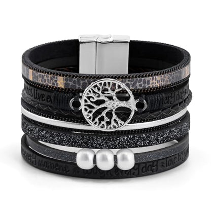 VIBILIA Boho Leather Wrap Bracelets for Women Multi-Layer Bracelets | With Strong Clasp Jewelry for Women - color: 05-Tree of Life-Black