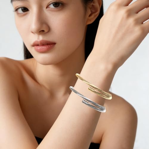 Exway 20 Pcs Elastic charm Bracelet chain Stainless Steel Cable Wire Twisted Cuff Bangle Bracelet Gold And Sliver charm Bracelets Kit for Crafts DIY Women Jewelry Making - color: gold+silver style D, size: 7.0in