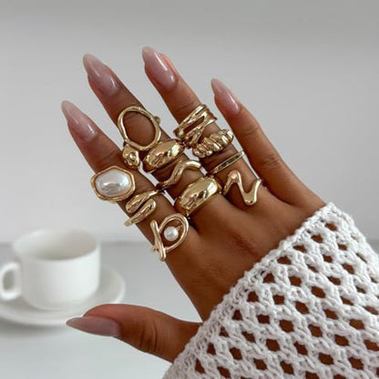 CSIYANJRY99 Gold Silver Rings Set for Women Trendy Irregular Chunky Gold Ring Baroque Pearl Rings Stackable Statement Knuckle Ring Jewelry - color: B-Gold