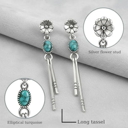 1 Pair Silver Tone Simulated Turquoise Dangle Earrings for Women,Boho Style Long Earrings,Womens Western Earrings,Tassel Drop Earrings,Vintage FlowerEarrings,Western Jewelry